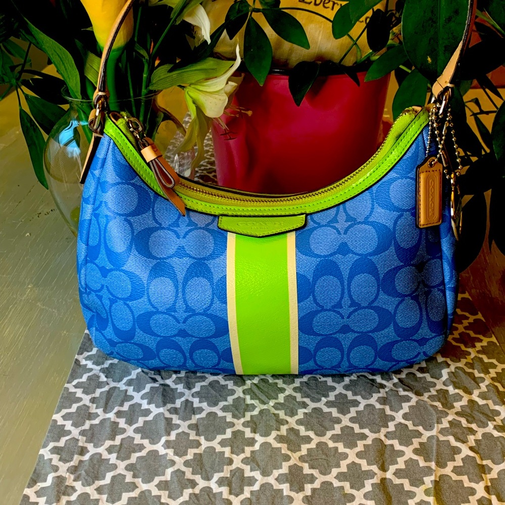 Coach blue and lime green small hobo bag.